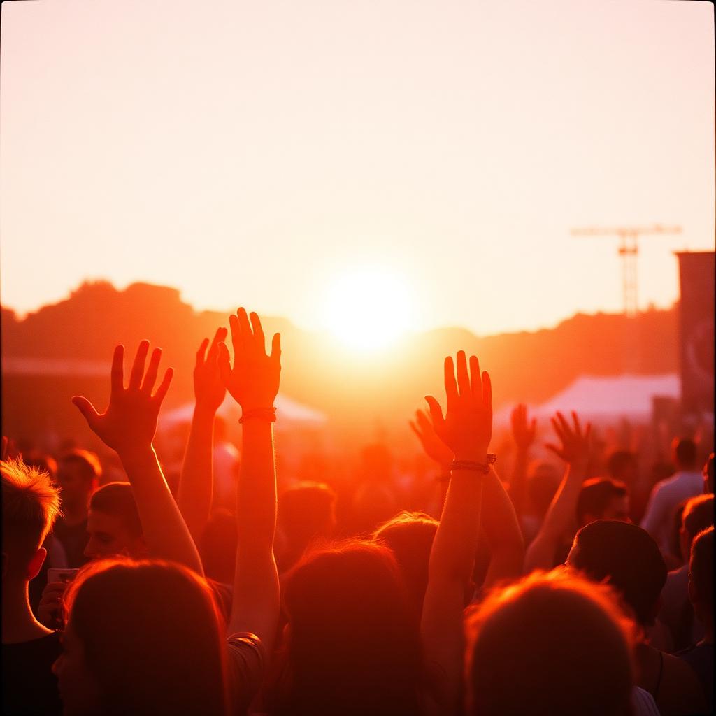 Festival crowd at golden hour with hands raised
